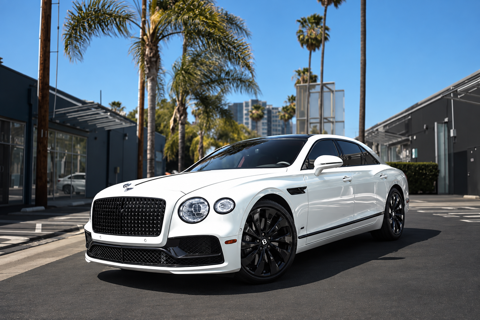 White Bentley Flying Spur front, rental in Los Angeles