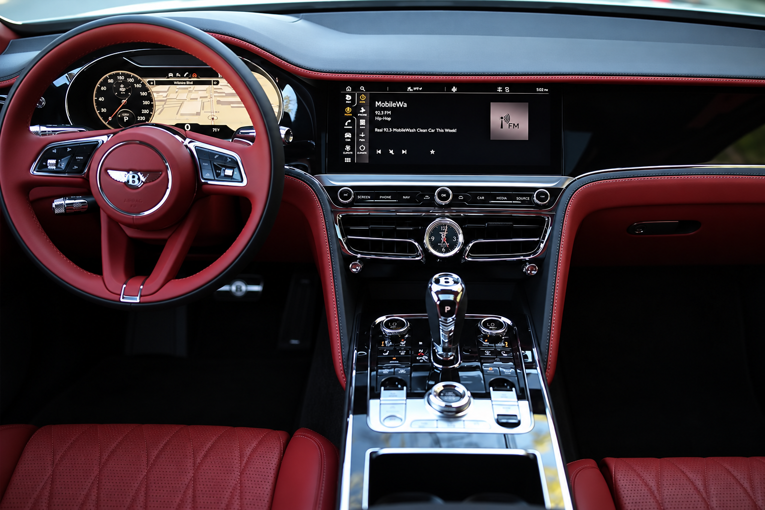 Dashboard of the Bentley Flying Spur rental, a twin-turbo V8 luxury sedan