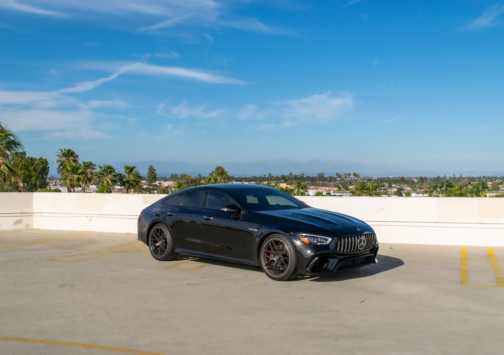 Black Mercedes-Benz AMG GT, a 577 hp twin-turbo V8 to rent in Southern California