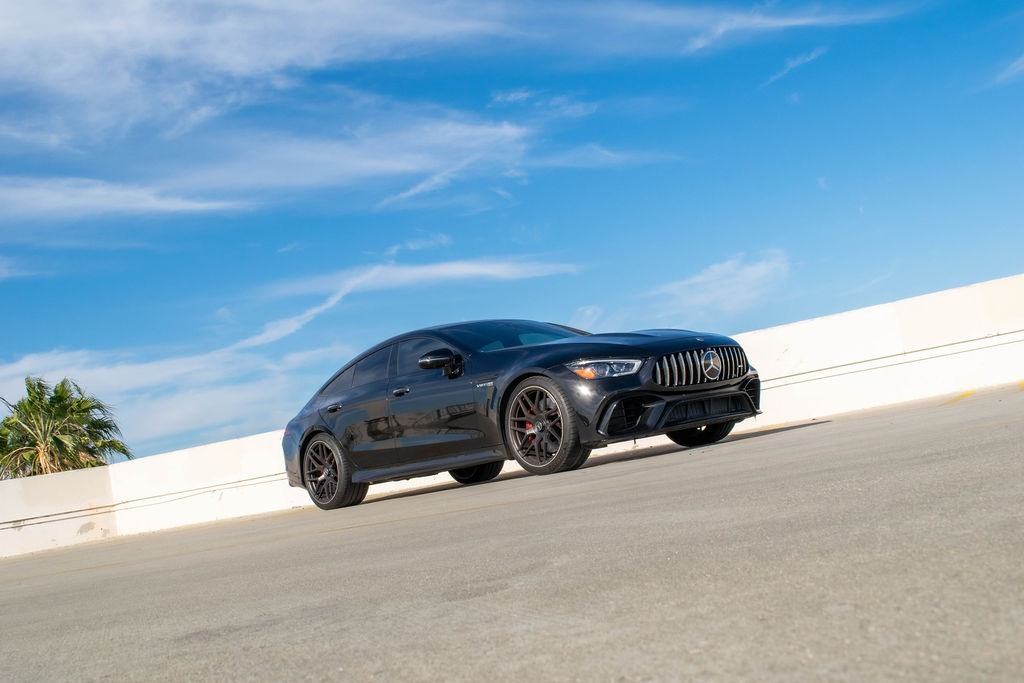 Mercedes-Benz AMG GT rental in black, a Panamericana grille over a twin-turbo V8