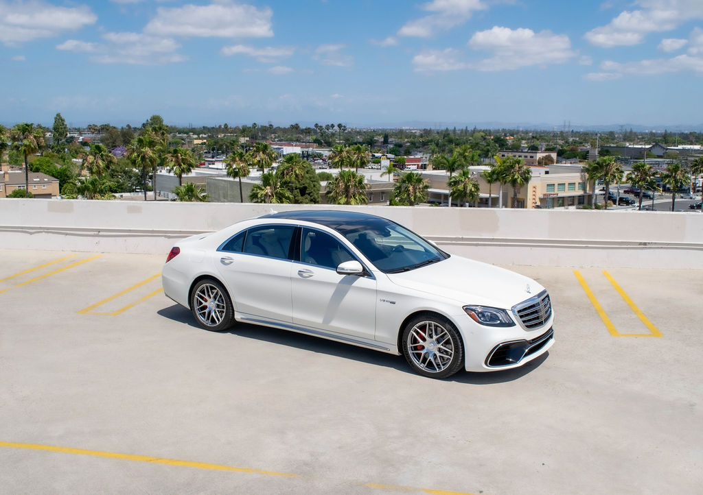 Mercedes-Benz S-Class rental, a 603 hp twin-turbo V8 sedan in white