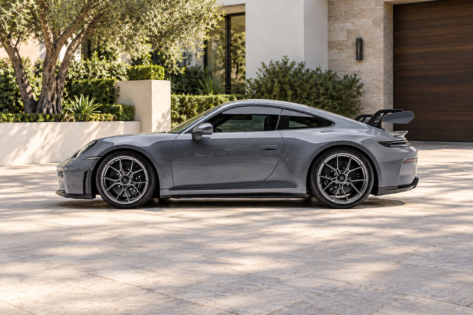 Side view of the grey Porsche 911 GT3 rental, a 911 that revs to 9,000 rpm