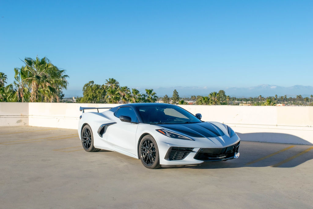 White Chevrolet Corvette C8, a mid-engine V8 sports car to rent in Southern California