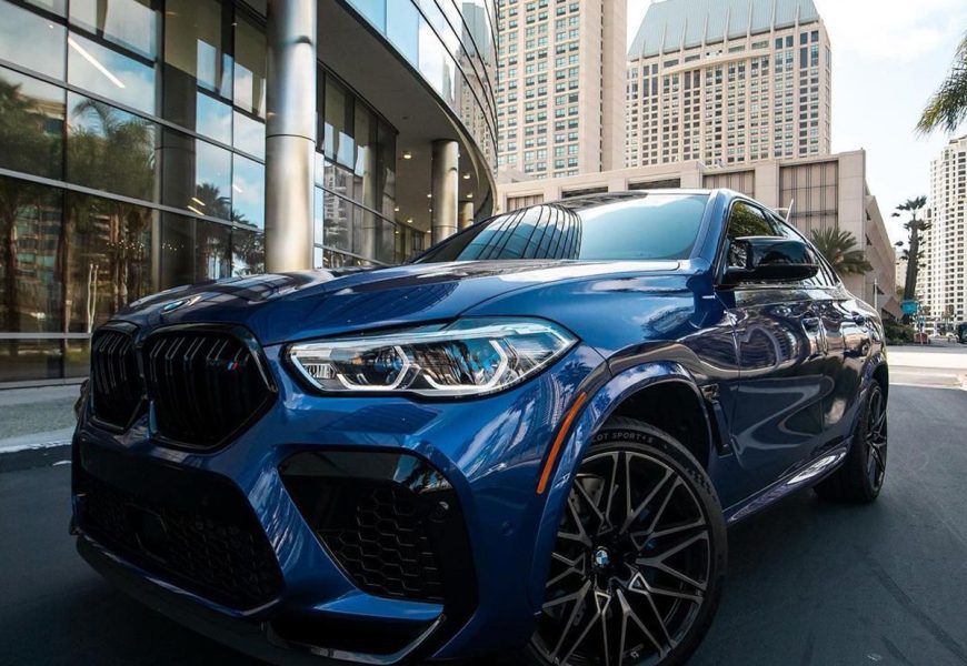 Blue BMW X6 M Competition front, rental in Los Angeles