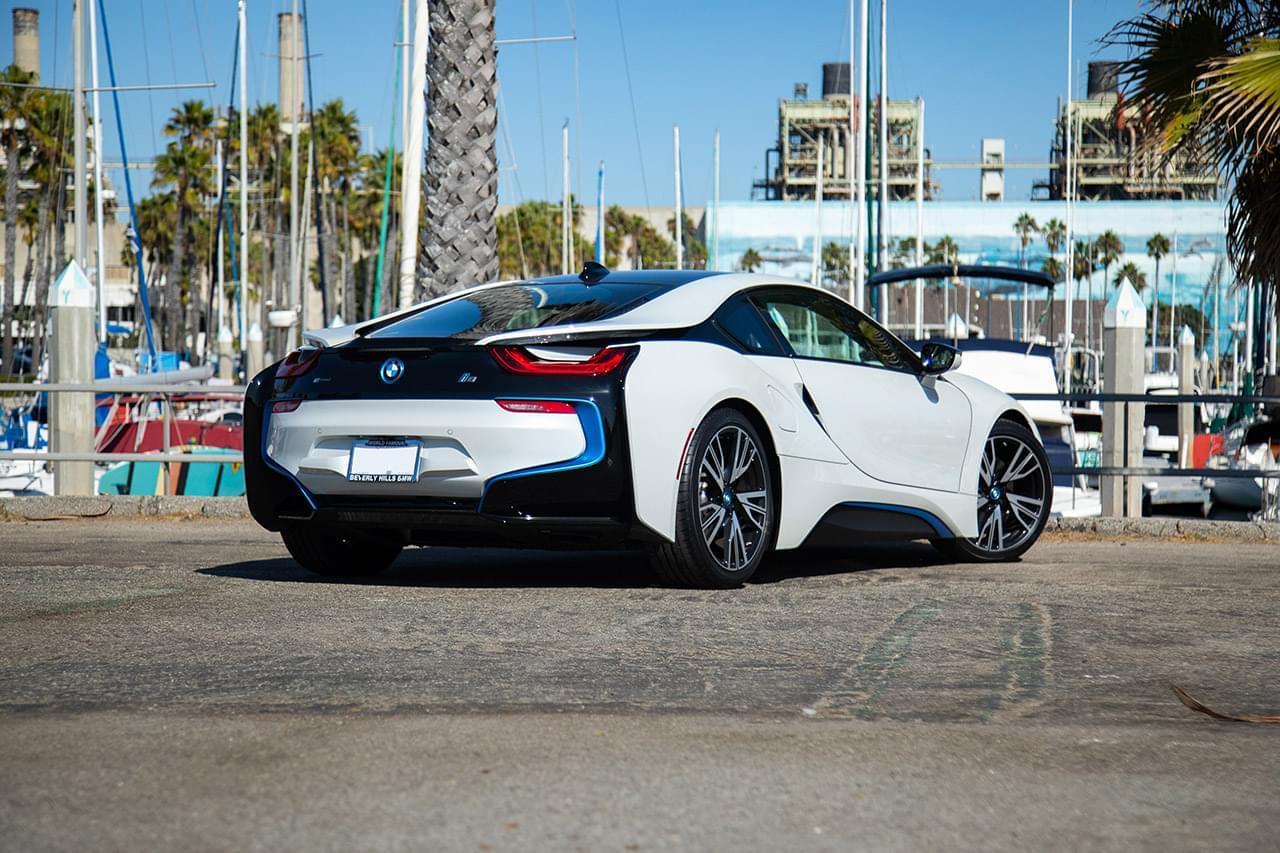 Rear view of the white BMW i8 rental, a 369 hp plug-in hybrid