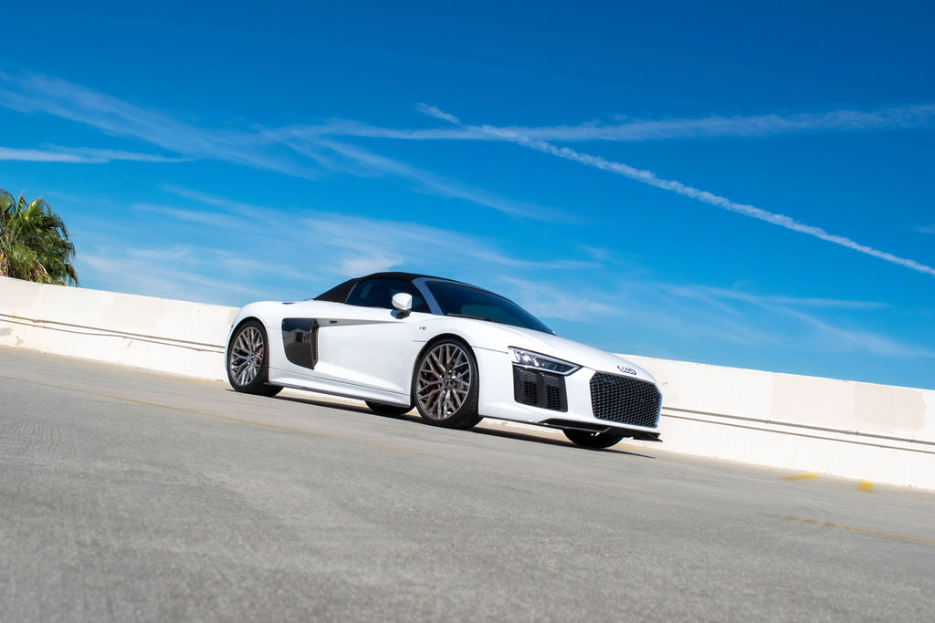 Audi R8 rental in white, a V10 supercar with a dual-clutch automatic