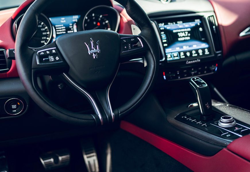 Dashboard of the Maserati Levante rental, a 5 seat all-wheel drive SUV