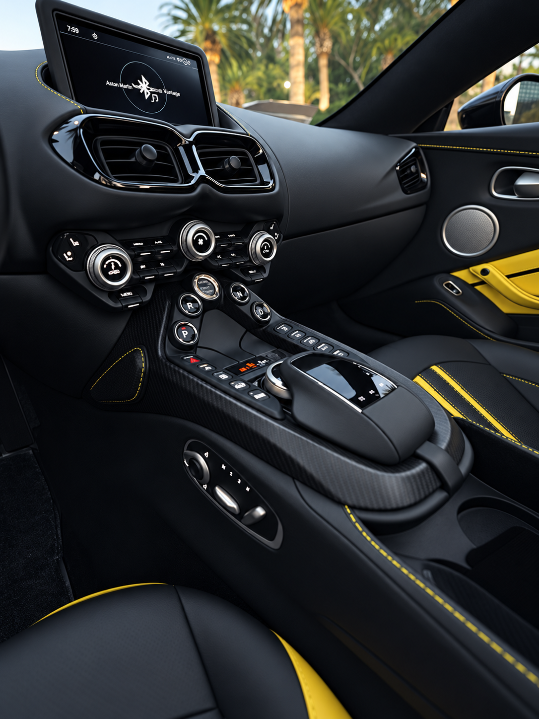 Dashboard of the Aston Martin Vantage rental, a twin-turbo V8 sports car