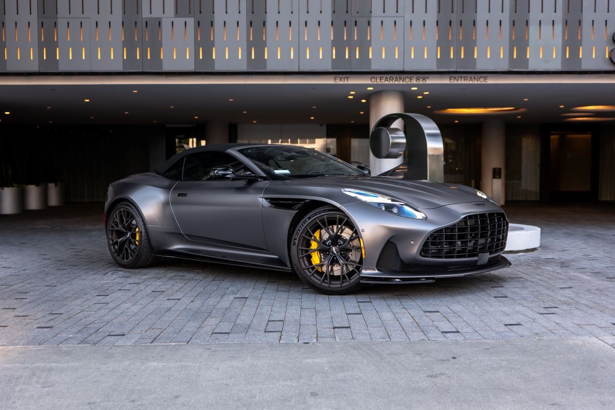 Grey Aston Martin DB12 Volante front, rental in Los Angeles