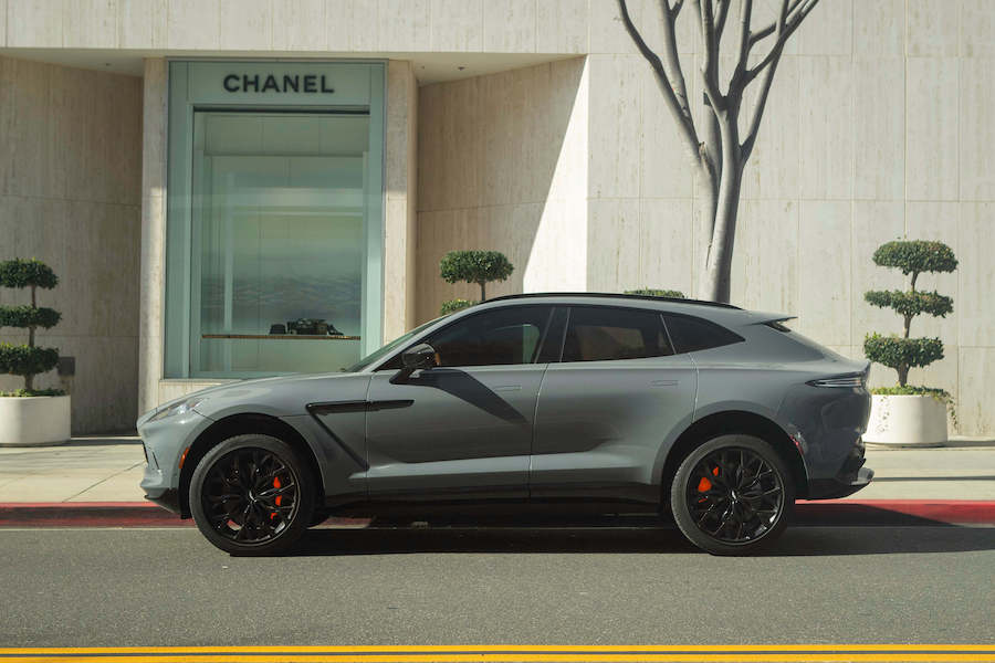 Grey Aston Martin DBX side profile, rental in Los Angeles