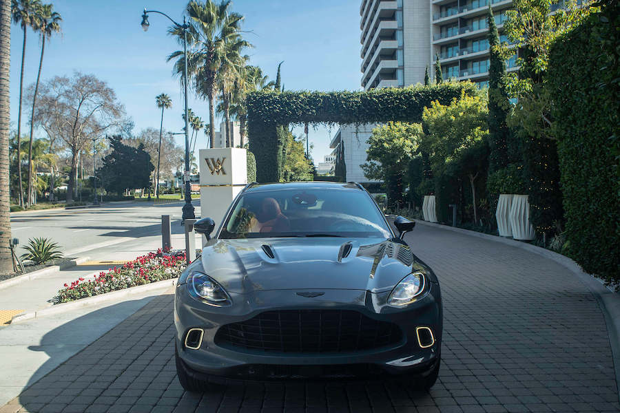 Front view of the grey Aston Martin DBX rental, a 4.0 liter twin-turbo V8