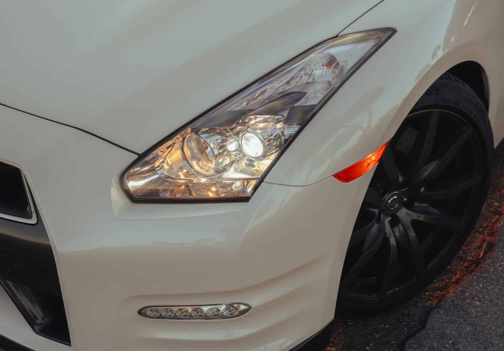 White Nissan GT-R headlight, Sports Car rental in Southern California