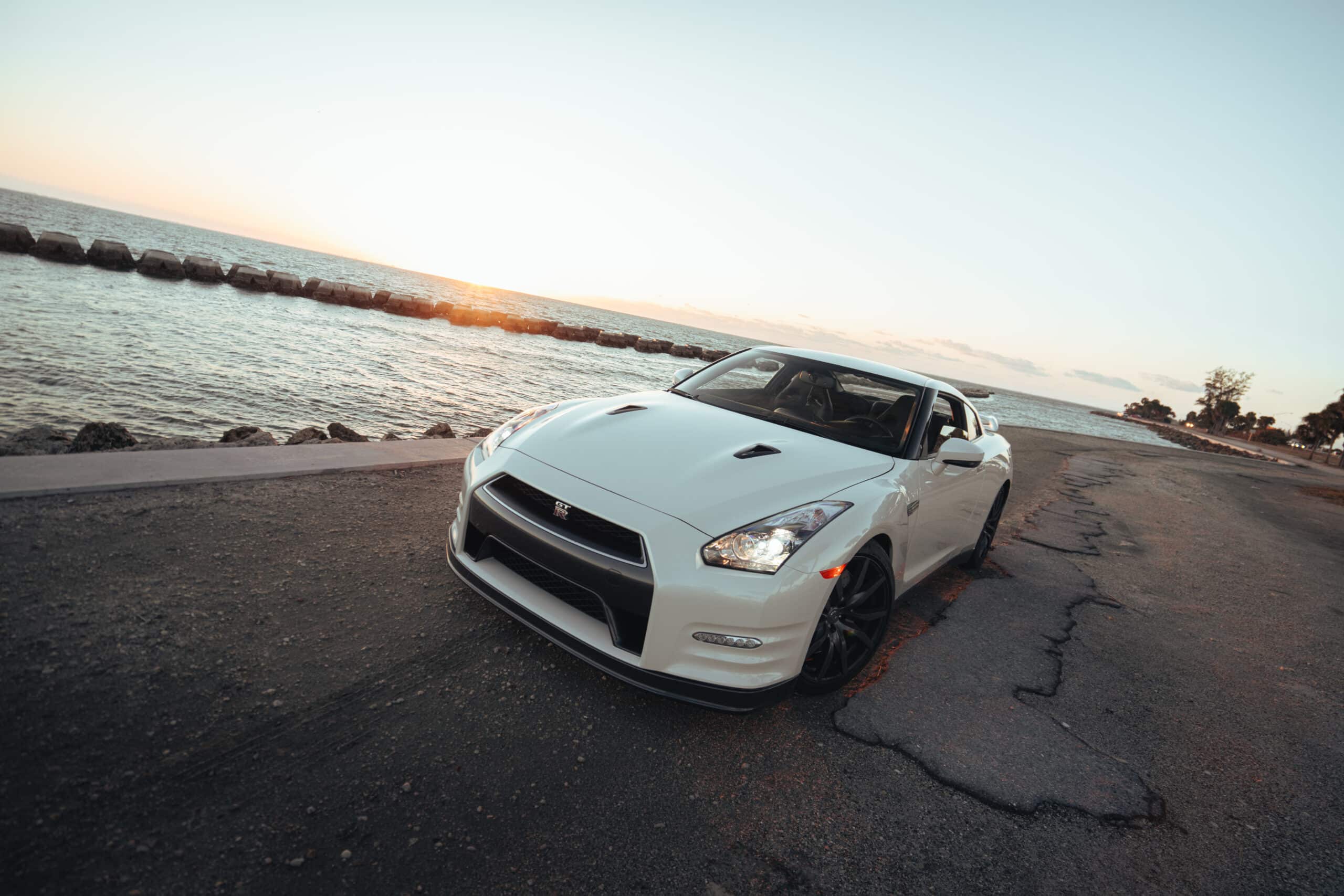 White Nissan GT-R front view, exotic car rental in Southern California