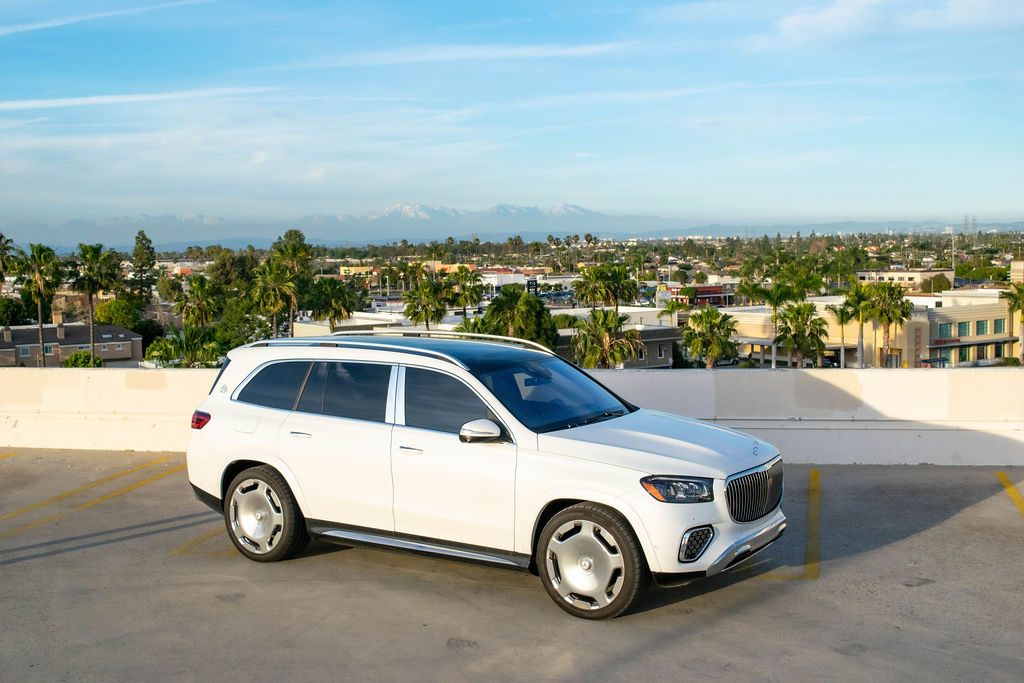 White Maybach GLS 600, Luxury SUV rental, Red interior