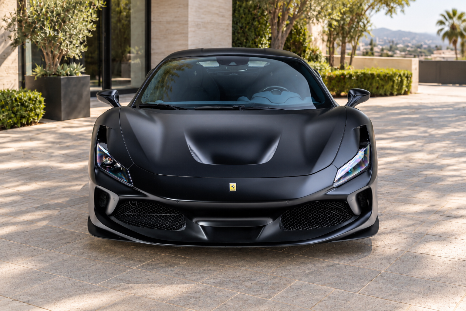Black Ferrari F8 Tributo front view, 2 seat supercar