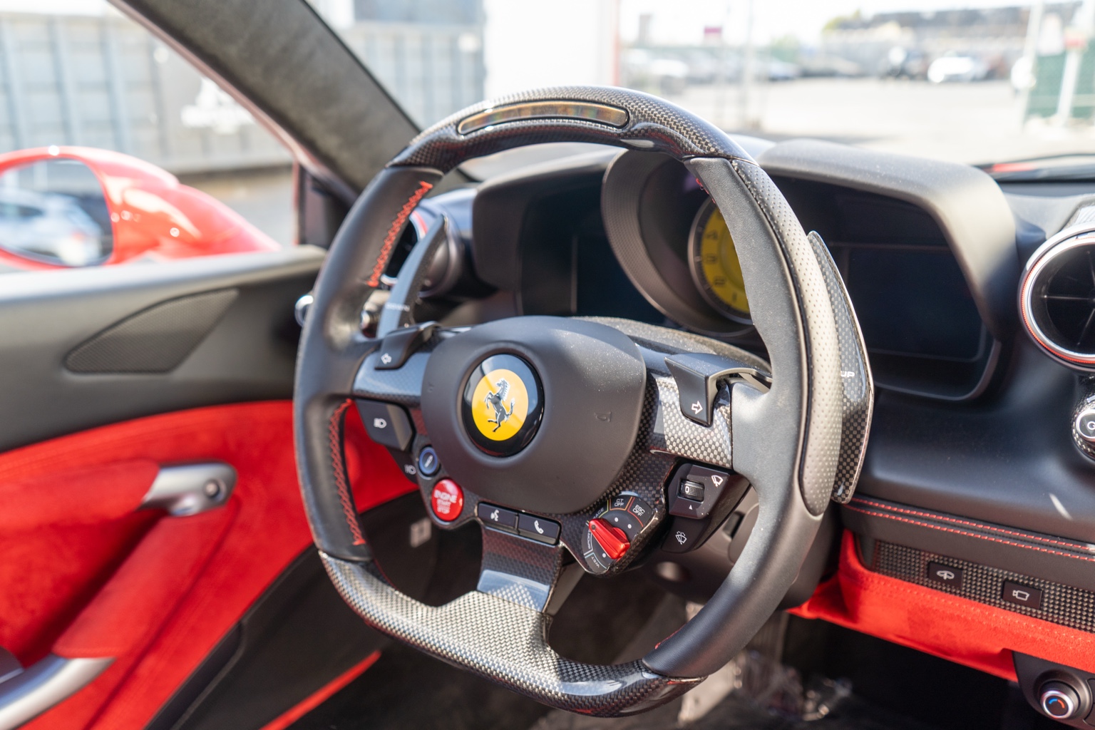 Red Ferrari F8 Tributo exotic car rental in San Diego, Black and Red interior