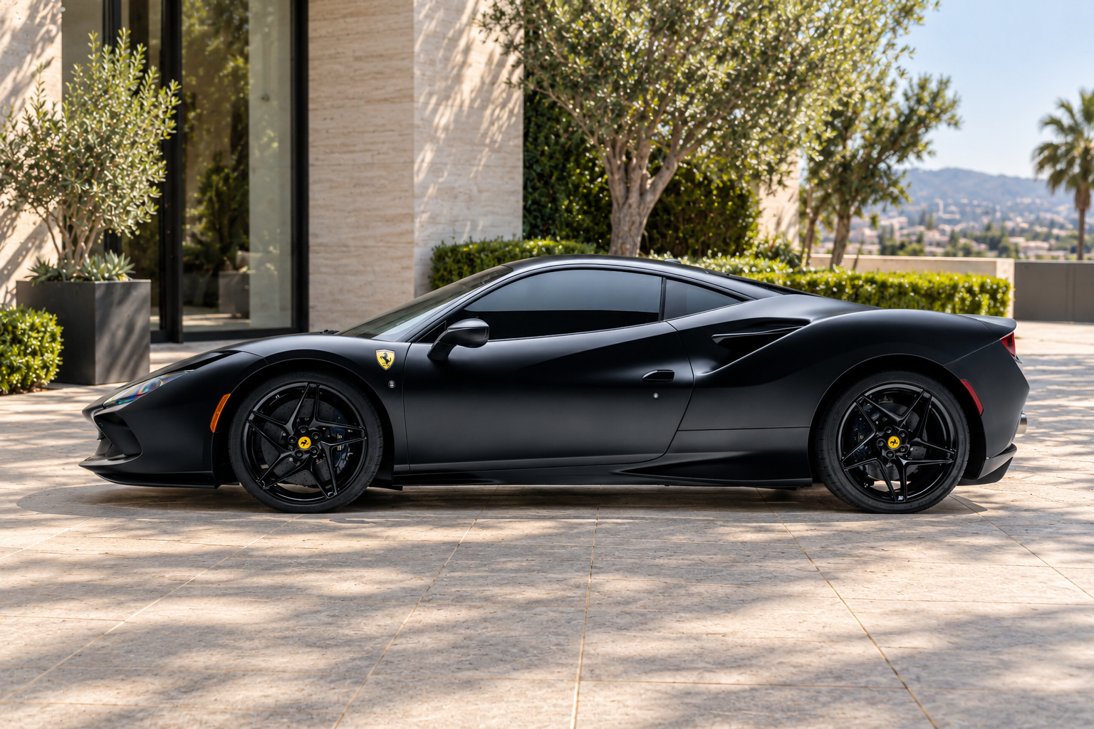 Black Ferrari F8 Tributo side profile, supercar for rent in Los Angeles