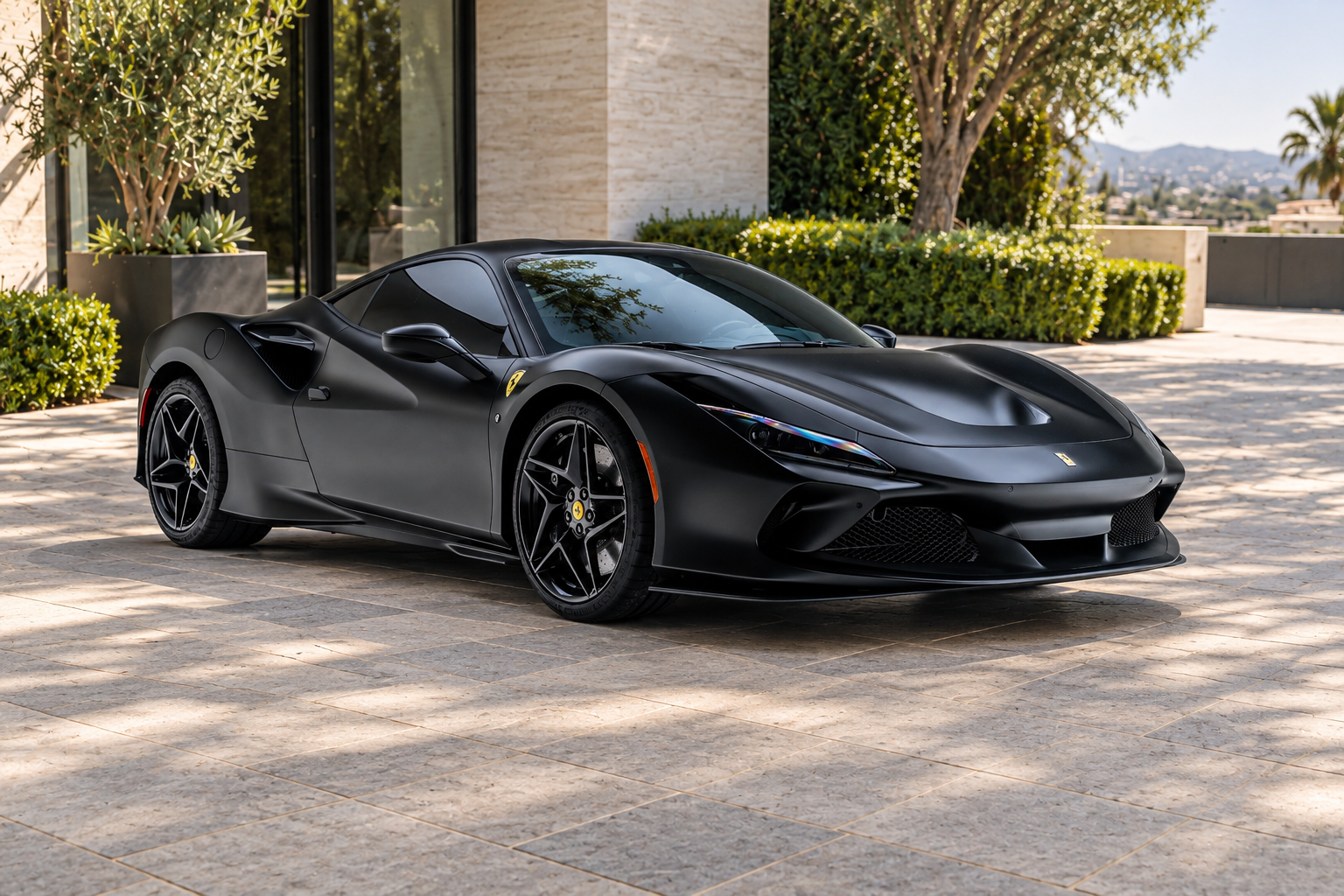 Black Ferrari F8 Tributo front view, supercar for rent in Los Angeles