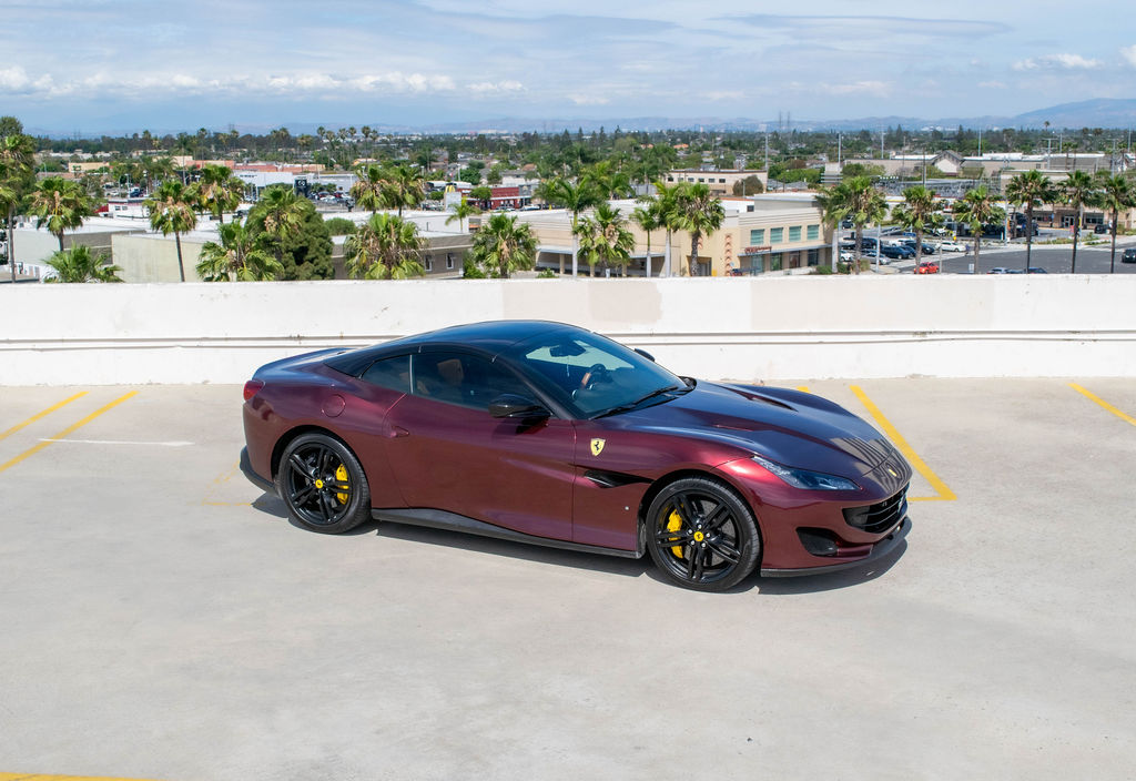 Burgundy Ferrari Portofino Spider Tan interior, supercar rental in Orange County