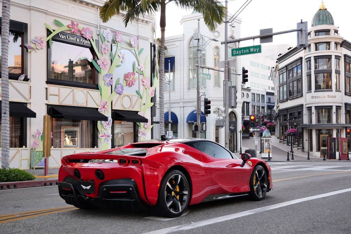 Red Ferrari SF90 Stradale rear view, AWD hypercar rental in Los Angeles