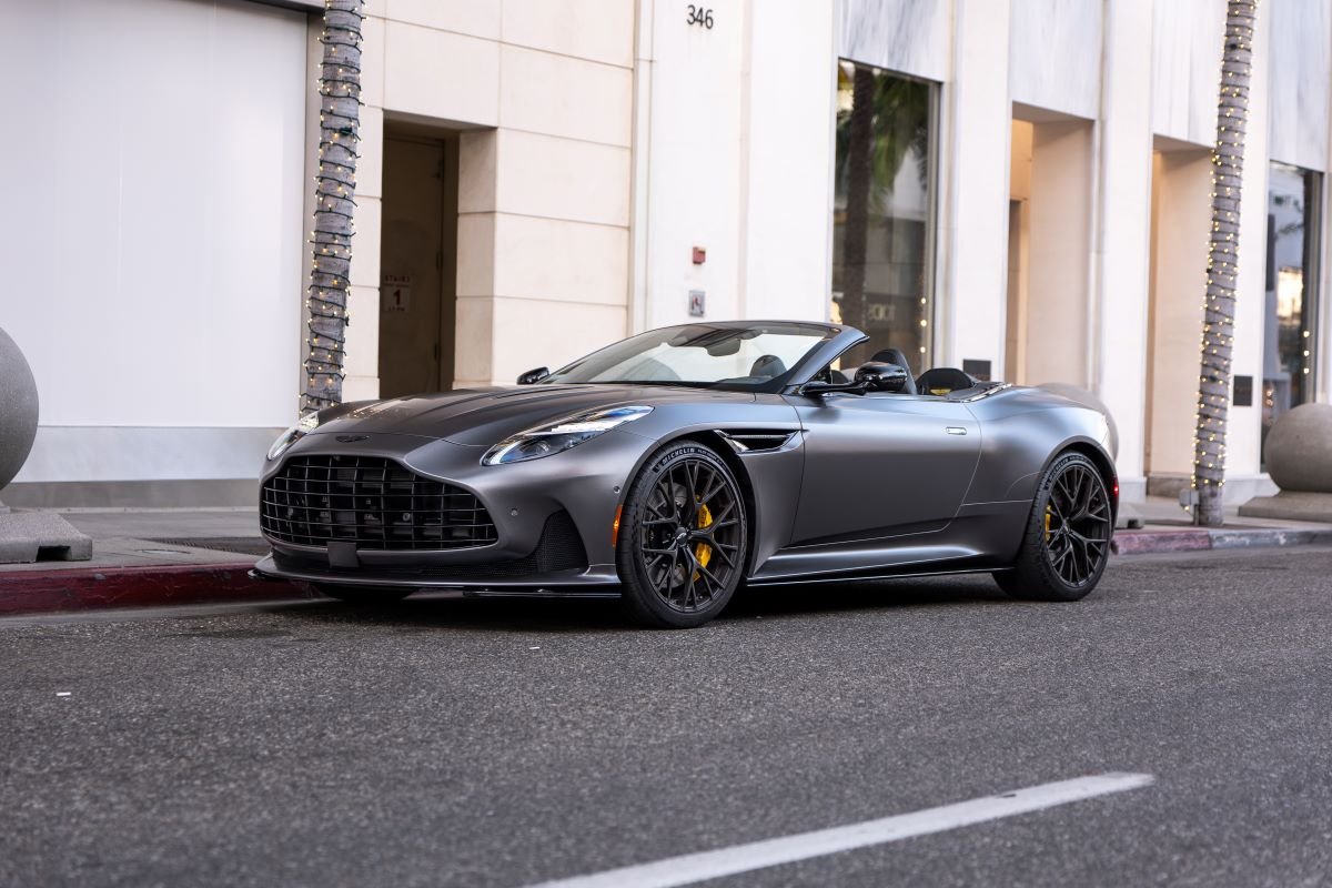 Grey Aston Martin DB12 Volante front, 4 seats
