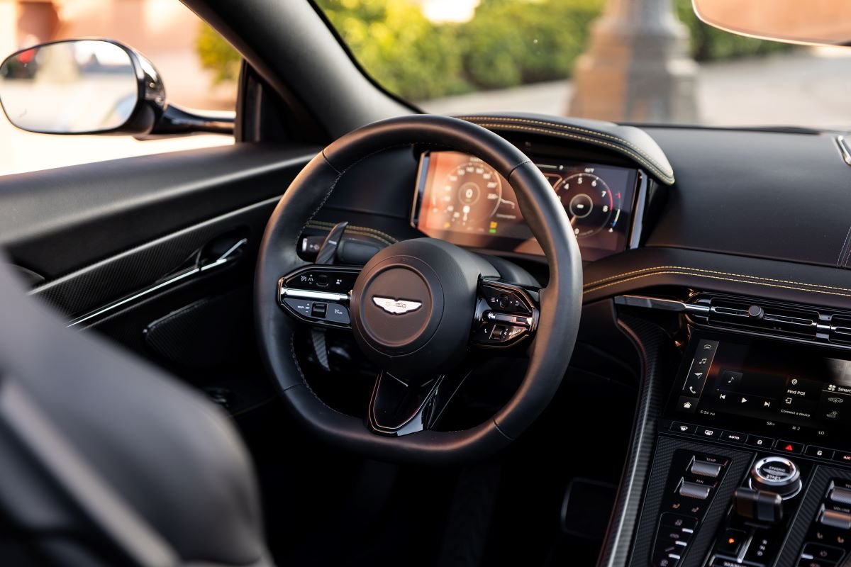 Grey Aston Martin DB12 Volante interior dashboard, rental in Los Angeles