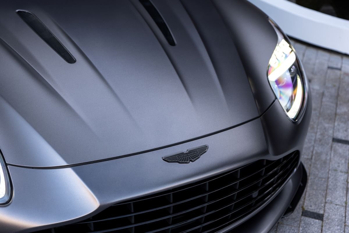 Grey Aston Martin DB12 Volante hood, rental in Los Angeles