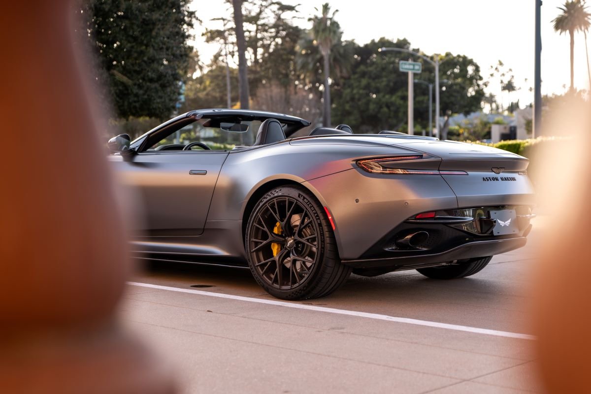 Grey Aston Martin DB12 Volante rear, rental in Los Angeles
