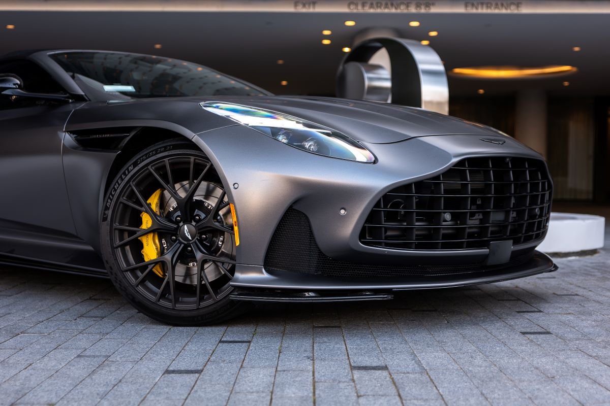 Grey Aston Martin DB12 Volante front, 2 doors