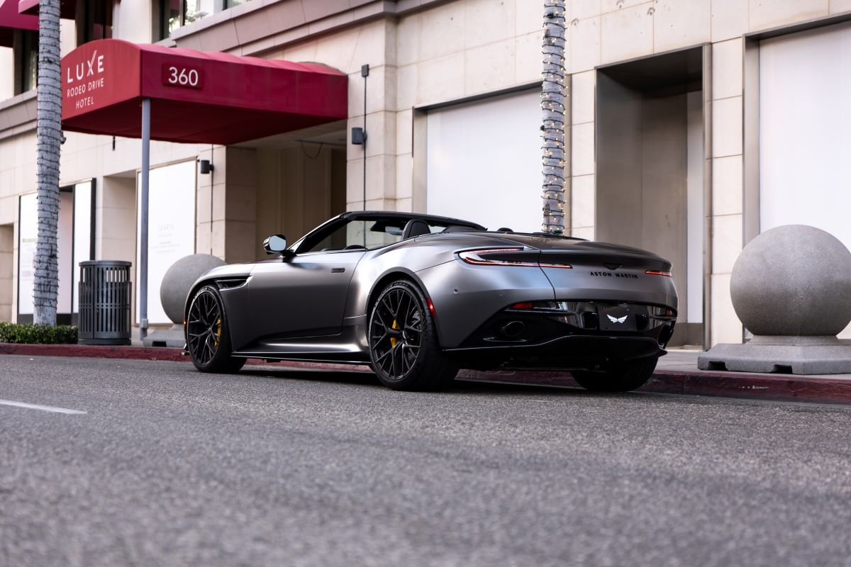 Grey Aston Martin DB12 Volante rear, 2 door convertible