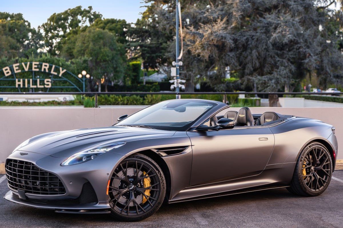 Grey Aston Martin DB12 Volante side profile, sports car rental in Los Angeles