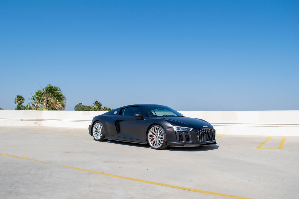 Black Audi R8 V10 Coupe supercar rental delivered across Orange County, CA