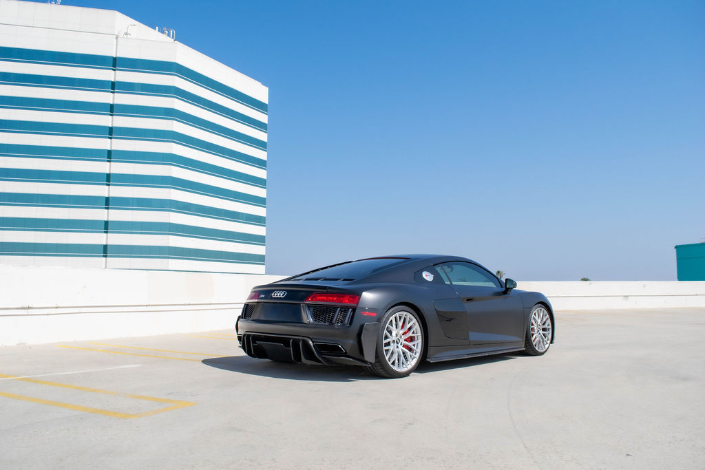 Black Audi R8 V10 Coupe supercar, AWD, rental in Orange County, CA