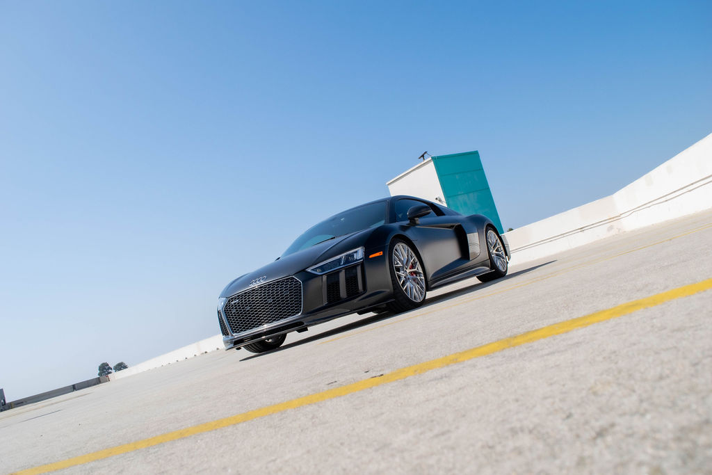 Black Audi R8 V10 Coupe supercar rental in Orange County, AWD