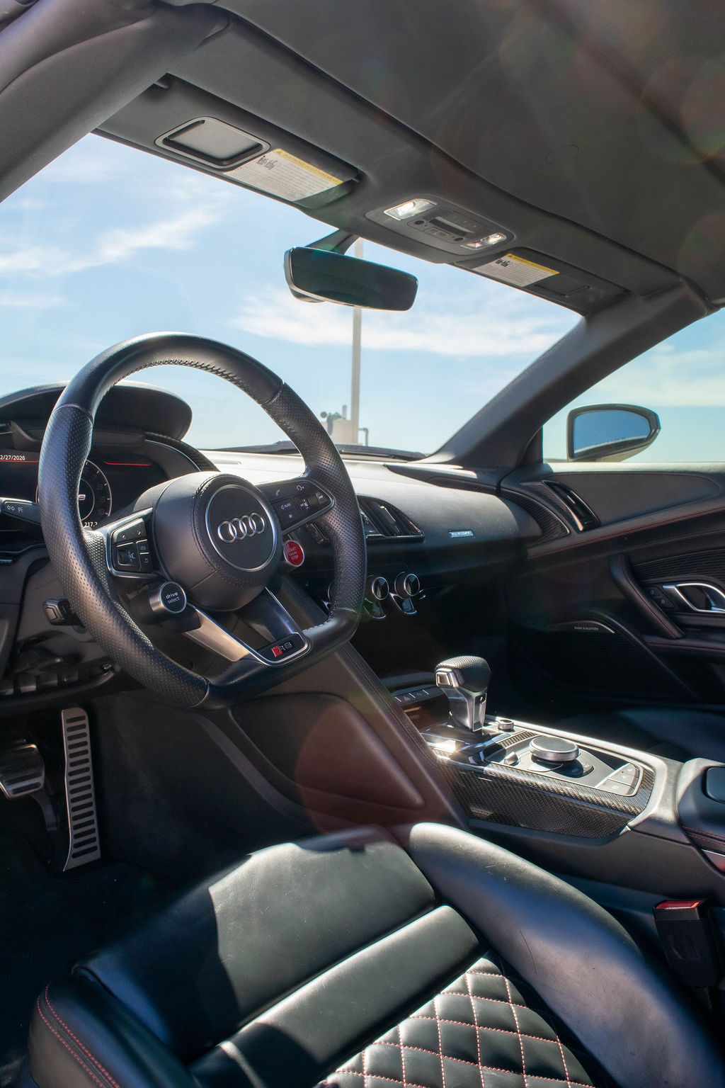White Audi R8 V10 Spyder rental car, Black interior, Orange County, CA