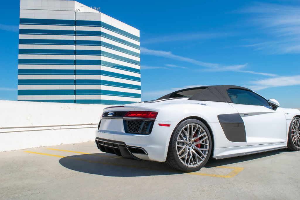 White Audi R8 V10 Spyder AWD supercar, exotic rental in Orange County