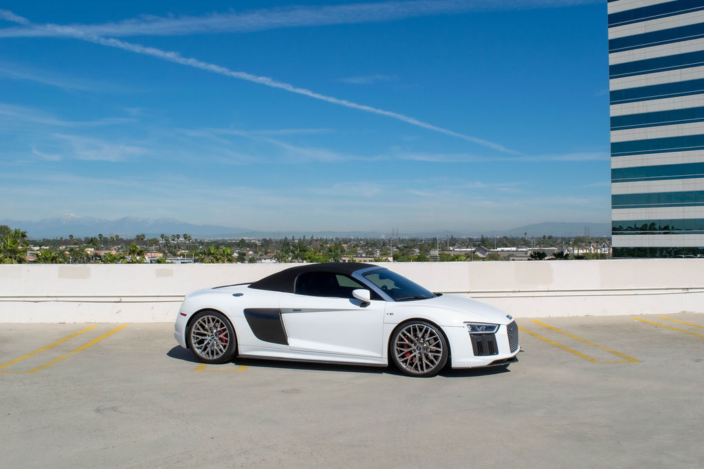 White Audi R8 V10 Spyder, Black interior supercar available in Orange County
