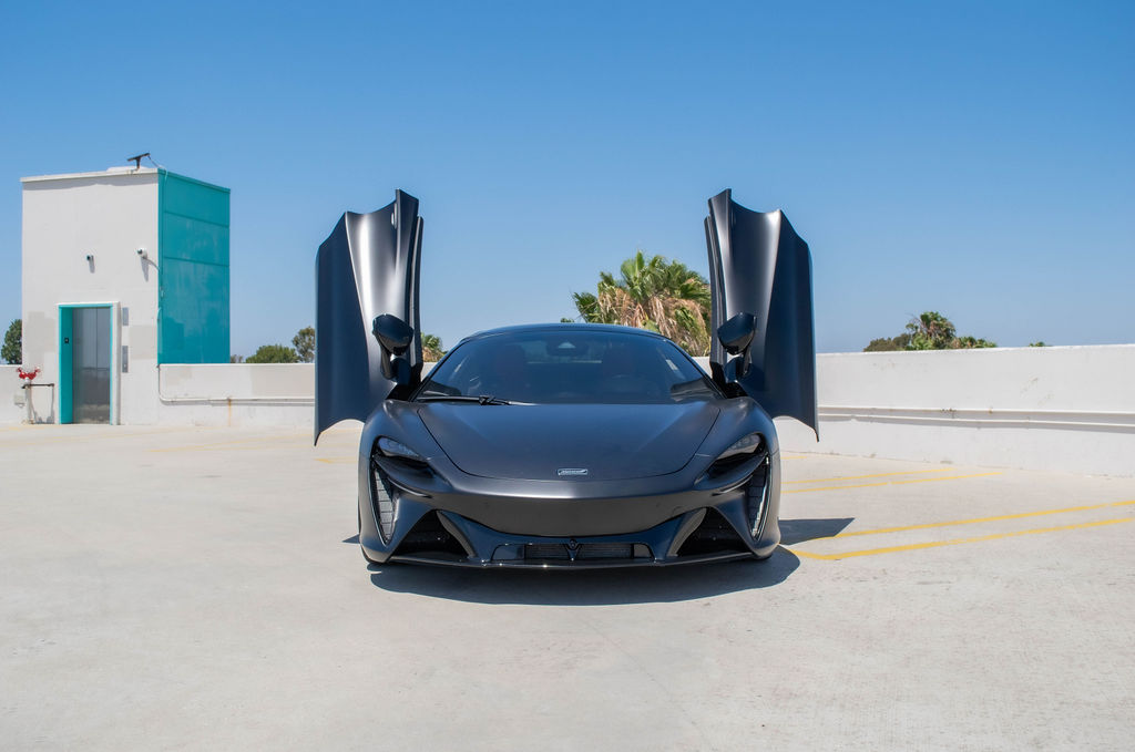 Satin Black McLaren Artura Spider, Red interior, Orange County rental