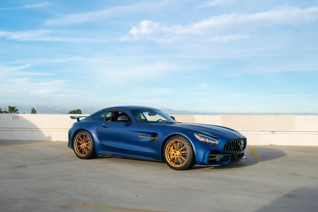 Blue Mercedes-Benz AMG GT R rental in Orange County, Black interior
