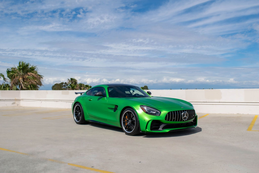 Green Mercedes-Benz AMG GT R rental in Orange County, Black interior