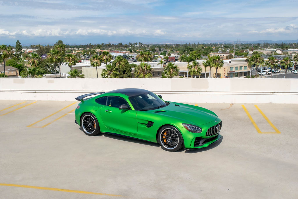 Green Mercedes-Benz AMG GT R, exotic car rental in Orange County