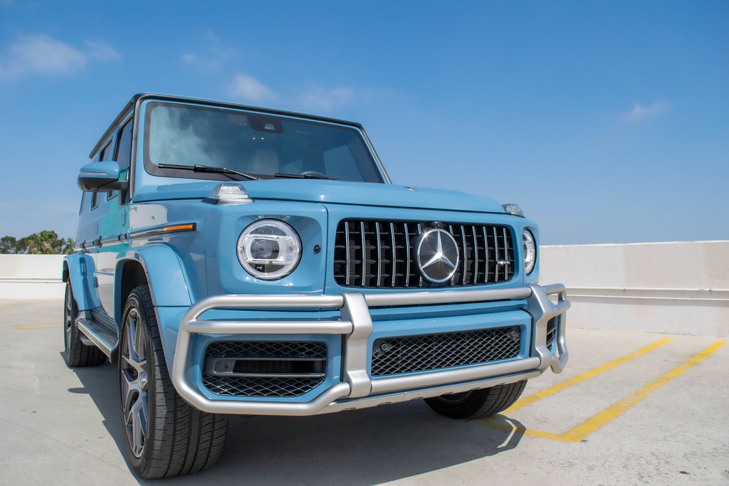 Blue Mercedes-Benz G-Wagon AMG G63 luxury SUV rental delivered in Orange County