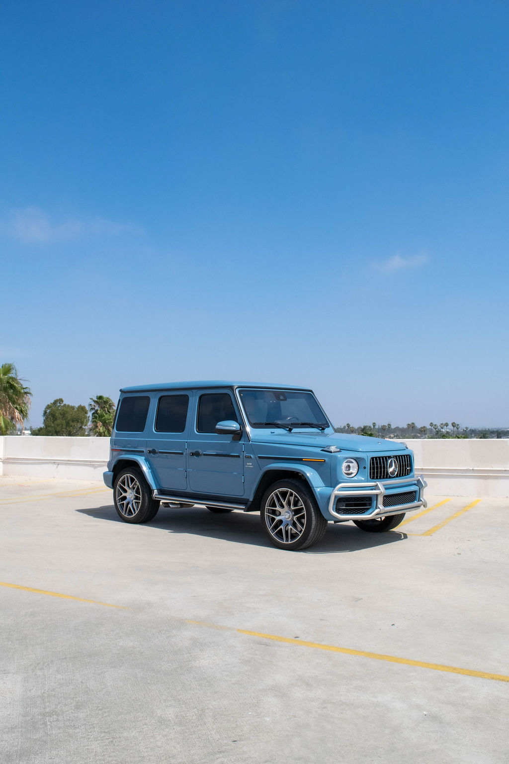 Blue Mercedes-Benz G-Wagon AMG G63 White interior, luxury SUV rental in Orange County