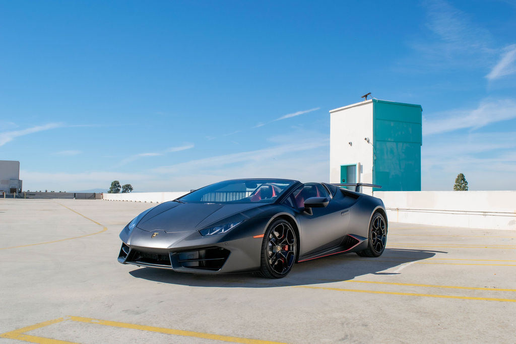 Black Lamborghini Huracan Spyder AWD supercar available in Orange County
