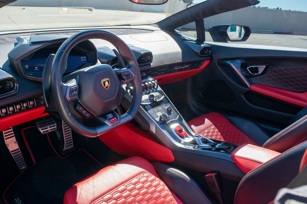 Black Lamborghini Huracan Spyder supercar available to rent in Orange County