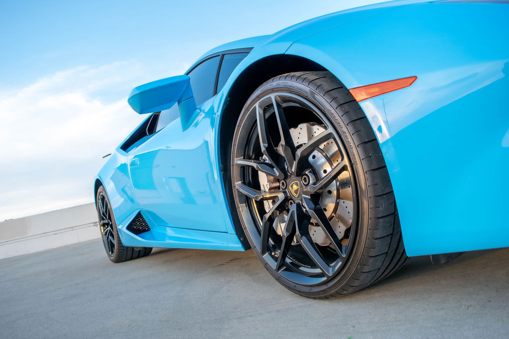Pink Lamborghini Huracan Black interior, supercar rental in Orange County