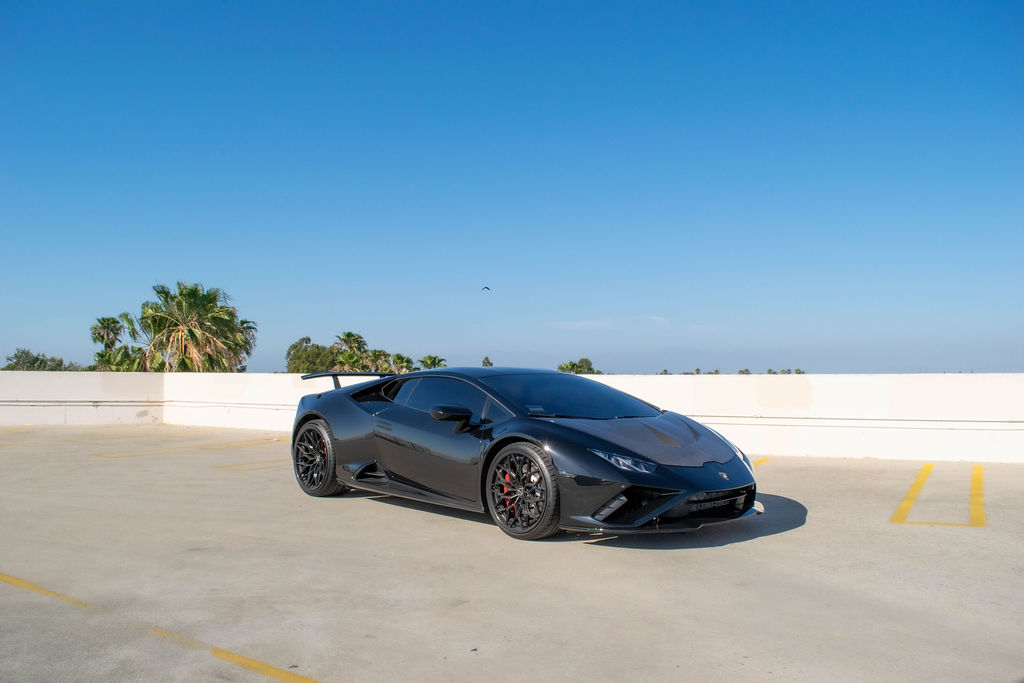Black Lamborghini Huracan Evo supercar for rent in Orange County