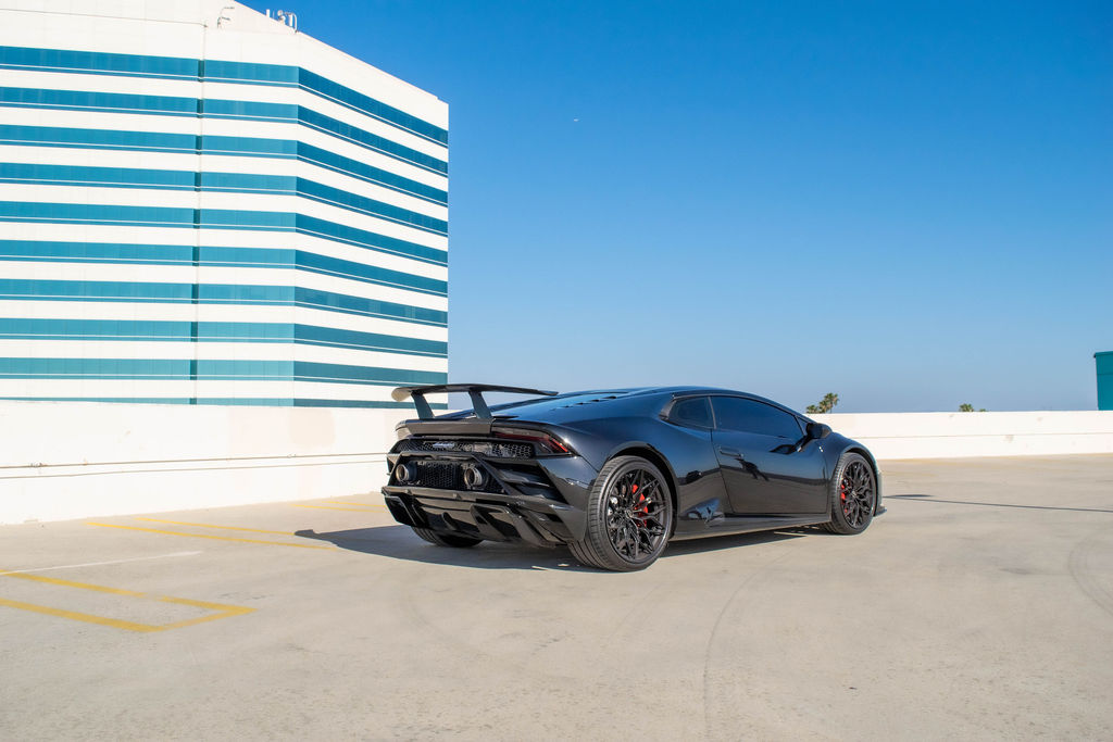 Black Lamborghini Huracan Evo 2 seat supercar available in Orange County