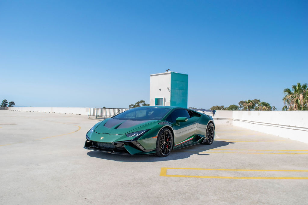 Green Lamborghini Huracan AWD supercar rental in Orange County