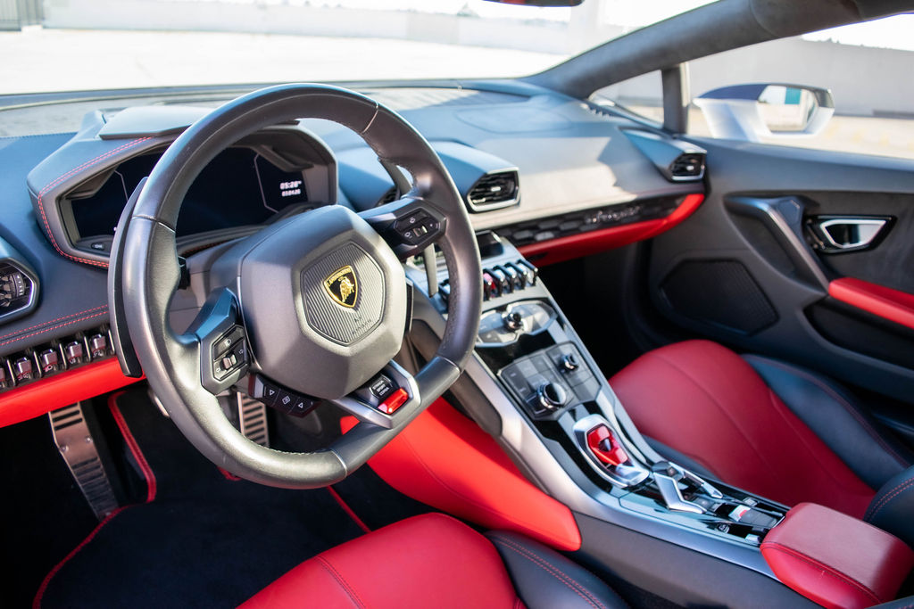 White Lamborghini Huracan Spyder Black and Red interior, supercar rental in Orange County